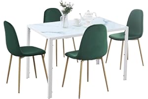 TRESBIEN Dining Table and Chairs Set 4, Modern Glass Table and Chairs Set 4 (White Mable Like, 120CM table with green velvet chairs)