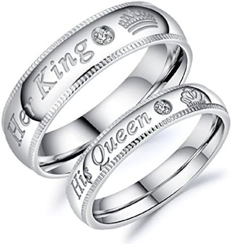 His or Hers (Sold Separate Price Is for ONE Ring Only) "His Queen" "Her King" Stainless Steel Couple Wedding Bands Ring with CZ Stone-CR152 (Men's size S)