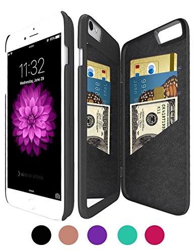 Bidear Étui portefeuille avec coque rigide Avec miroir et 3 fentes pour carte Pour iPhone 6/6s 4,7" Avec film de protection d'écran HD, noir, Apple iPhone 6/6S Plus