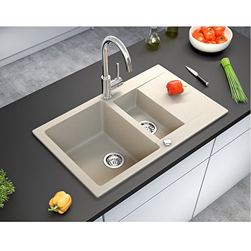 Spüle Granitspüle Küchenspüle Einbauspüle Auflage Doppelspüle Spülbecken 800 x 495 mm + Drehexcenter + Siphon (Beige) - 5