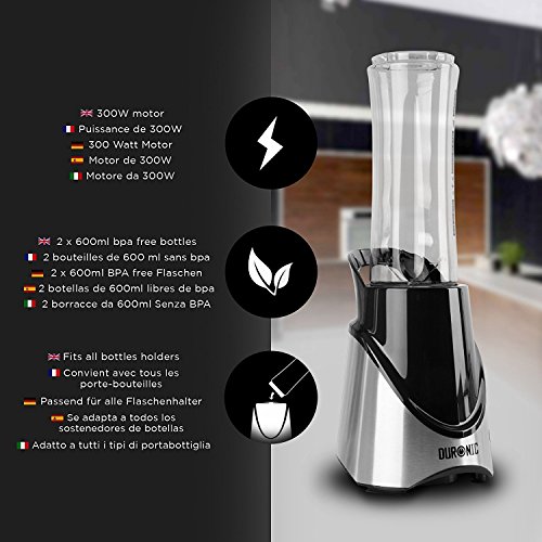Duronic BL3 /SS Mix & Go Sportmixer für Smoothies, Proteinshakes und Sportgetränke – 300W Mini-Mixer – inklusive 2 x 600ml BPA-freien Flaschen – in schwarz - 4
