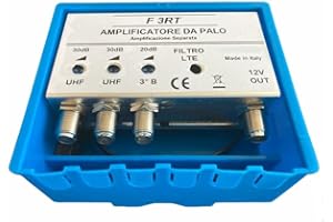 Vsnetwork Amplificatore Antenna TV da Palo con Filtro Lte/5G, Guadagno Massimo 30Db Regolabile, Amplificatore Antenna TV 2 Ingressi Uhf+1 Vhf, Bande separate