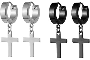 EUJEBEDA 2 Paires Acier Inoxydable Clou d'oreille Boucle d'Oreille Clou d'Oreille Argent Noir Doré Ronde Croix Pendentif Rétro Homme Femme