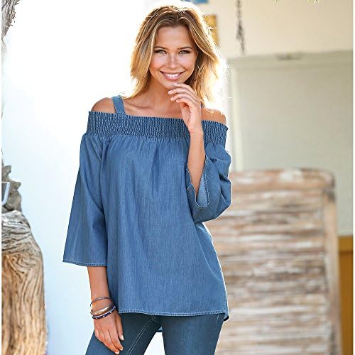 Women039;s Denim Blouse with Ruffled Honeycomb Neckline, Bright Blue, XL