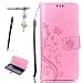 Produktbild Sony Xperia XA Hülle, Sony Xperia XA Schutzhülle, Alfort 3 in 1 Lederhülle Fashion Design Premium PU Leder Hohe Qualität Tasche Case Cover Kasten Abdeckung Wallet für Sony Xperia XA 5.0" Smartphone Funktion Standfunktion Unterstützte Telefone und Magnetverschluss mit Schmetterling ( Rosa ) + Alfort Schwarz Stylus Pen + Netter Staub Stecker