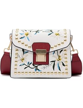 Honeymall Damen italienische Damentasche Schultertasche Umhängetasche Blumenstickerei bunte Nieten pelle taupe...