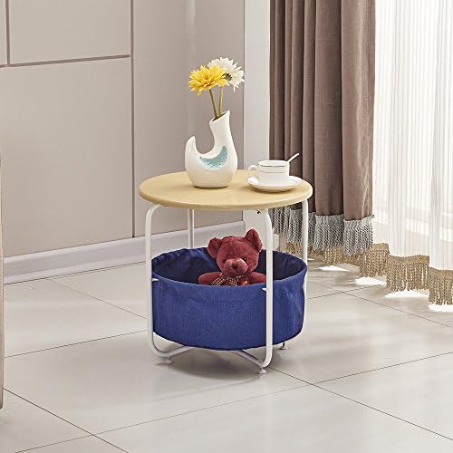 OSPI 2 Tier White Color Side Table/ End Table / Outdoor Table with Storage Canvas Basket - W42xL42xH42cm (Navy Blue+Oak Top) (1)