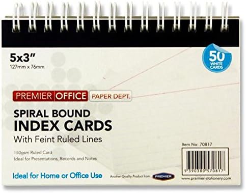 Premier Stationery Spiral Bound Index Cards. 5 x 3". White. Pack of 50 Cards.