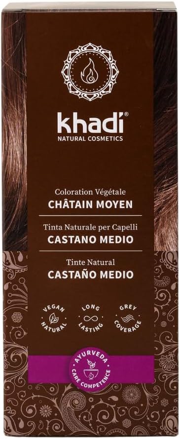 khadi CASTANO MEDIO Tinte vegetal para el cabello - tinte para un color castaño canela vivo y cálido hasta un castaño medio intenso y profundo - 100% vegetal - 100 g