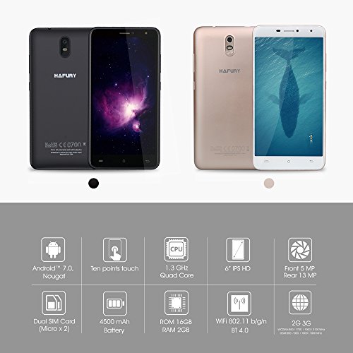 Cubot HAFURY UMAX Smartphone 3G WCDMA MTK6580 Quad Core 1.3GHz 2.5D 6.0 Pollici HD 1280 * 720 pixel Schermo a Sfioramento a 10 Punti Android 7.0 Nought 2GB RAM + 16GB ROM Fotocamere Doppie da 5MP + 13MP