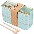Click Clack Bento Box with Cutlery Set | 3 Compartments Japanese Lunch Box | Portable, Leak Resistant, Dishwasher & Microwave Safe Lunch Container | Stackable Food Storage Box for Kids (Green)