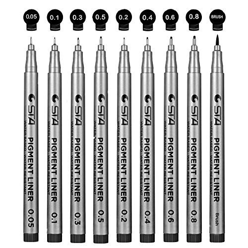 Fineliner Stylos,Morkia 9 Stylos noir a pointe fine Liners avec a Pinceau Noir, Micro-Pen Fineliner Dessin Stylos pour Le Dessin, Illustration de L'artiste, Documents de Bureau