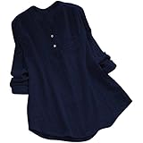 YEBIRAL Women's Blouse V-Neck Long-Sleeved Shirt Linen Plain Casual Loose Tunic Tops T-Shirt Blouse Large Sizes