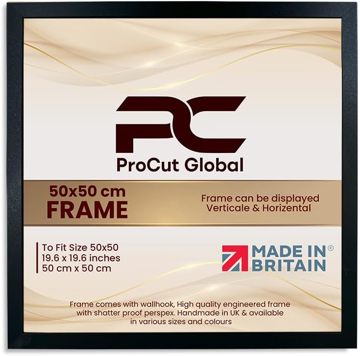 Procut Global 50X50CM Black Picture Frames – Sleek Wooden Photo Frame with Shatterproof Perspex for Wall or Tabletop – Perfect for Posters, Certificates, Prints–Multiple Sizes & Colors Available