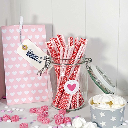 60 Frau Wundervoll Papiertüten (Vorteilsmenge) mit Boden rosa, weiße Herzen, 100 Gramm Papier / Blockbodenbeutel aus Papier / Gastgeschenk Hochzeit - 3