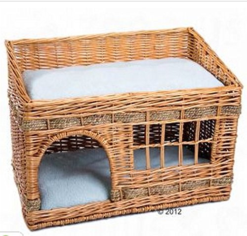 Caseta para gatos de 2 pisos de mimbre para interioresEsta casa viene con dos cojines y es ideal para dormir o descansar.