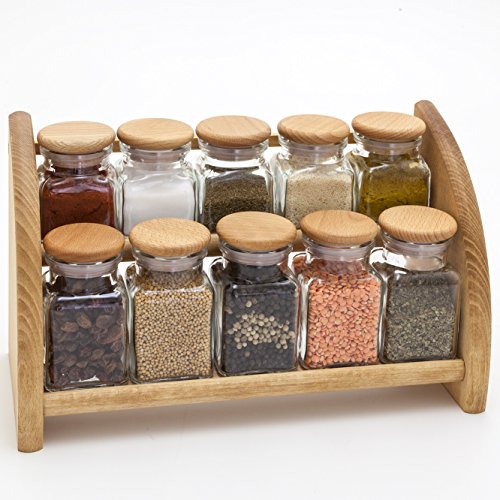 Holzfee Gewürzbord mit 10 Glas-Gewürzdosen (leer) Gewürzregal Gewürzständer