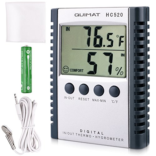Hygrometer Thermometer, Quimat Feuchtigkeits-Meter Feuchtigkeit Monitor Innen / Außen Temperatur Messgerät Thermostat Sensor Sonde Reinigung Tuch Batterie inklusive (Grau)