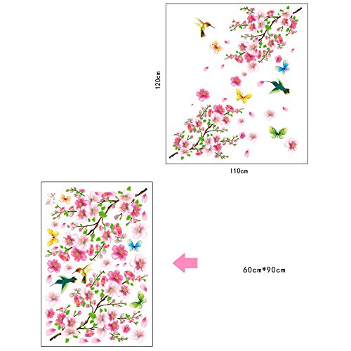 Qianxing abnehmbares wiederverwandbares schöne Baum Blume Blätter und Vögeln Serie Wandbild mehrfarbiges Wallsticker Wandtattoo Aufkleber für Sofa und Fernsehen im Wohnzimmer Deko Wandpapier(Blumen und Vogel)(110*120) - 2