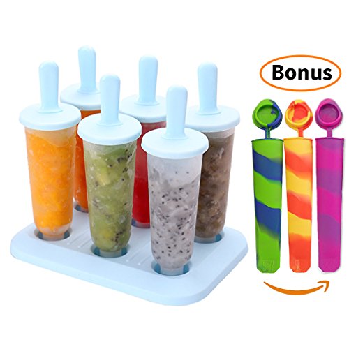 Joyoldelf 6-er Set Eis Lutscher Ice Pop Moulds Maker Eis Forme Wiederverwendbaren Stieleis-Formen für Kinder mit schenken 3 Silikon Eis Lutscher Formen (Blau)