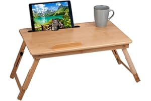 BAKAJI Tavolino Vassoio Colazione da Letto in Bamboo, Con Gambe Pieghevoli e Telescopiche Ideale per Divano Porta Notebook Pc (50 x 30 x 27,5 cm)