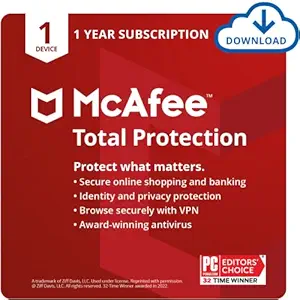 McAfee Total Protection 2022 | 1 Device | 1 Year |Antivirus Internet Security Software | VPN, Password Manager & Dark Web Monitoring Included | PC/Mac/Android/iOS | Email Delivery