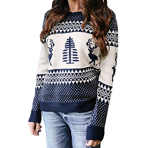 Preisvergleich Produktbild Yanhoo Damen Pullover Strick Winter Langarm Weihnachten Sweatshirt Langarmshirt Oberteile Christmas Sweater Geometrische Elch Jacquard Pullover Baumwolle Strickpullover
