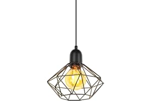 PETITES ECREVISSES Lámpara Colgante Vintage E27 Lámpara de Techo Retro Diseño de Jaula Metal Ø22cm Iluminación de Techo de Interior Negro para Pasillo Porche Cocina Dormitorio(Sin madera-1 pieza)