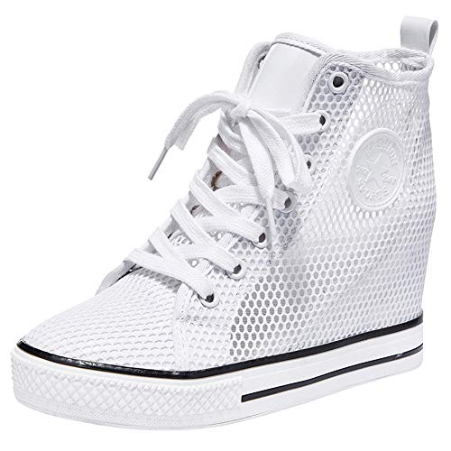 Generic Mujer Respirable Cuña Talón Oculta Blanco Nylon Entrenadores Zapatos 6856 EU35.5