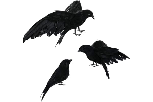 SJDWDX 3-pack halloween svarta befjädrade kråkor, 30 cm handgjorda kråka rekvisita kråka flyga och ställ kråka korpar för halloween fest heminredning