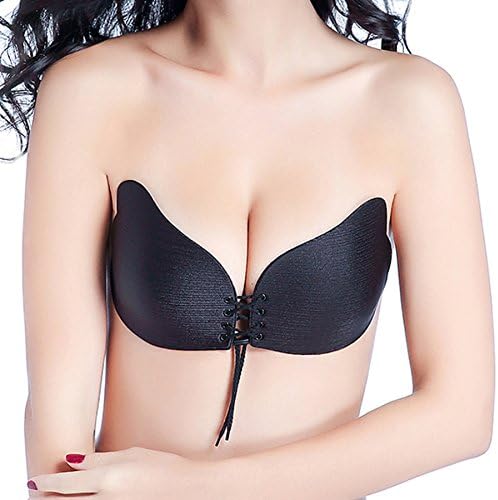 Warmoor Women's Push Up Silicone Bras,Ladies Backless Strapless Invisible Bras,Reusable Bra,Self-Adhesive Instant Breast Lift Support Bra (D, Black)