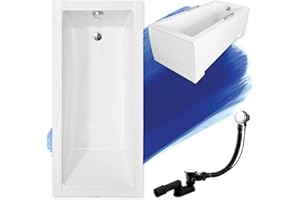 BAD LAND Baignoire originale BADLAND en acrylique 180 x 80 cm - Blanc - Rectangulaire - Kit complet - Tablier en acrylique - Siphon - Pieds de baignoire - Design moderne - Bonde de vidange en chrome - Fabriqué