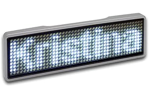 ‎SERTRONICS Sertronics LED programmierbar Namensschild mit digitalem Bewegungsschild, USB wiederaufladbar LED Name Tag, LED Anzeigetafel mit 11x44 Pixel, digital Scrolling, Rahmen silber, LED weiß