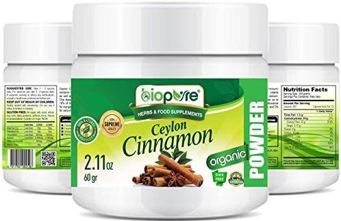 myBioPure ORGANIC CEYLON CINNAMON POWDER. 100% Pure Natural RAW Gluten Free, Raw, Non-GMO. SUPER FOODS. For Health, Baking, Beauty, Cooking and Dietary Supplement. 2.11 oz – 60 G.