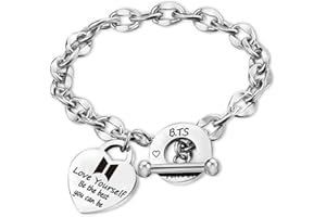 SOSAYI BTS Acier Inoxydable Bracelet, Bracelet Unisexe Bangtan Boys, Bracelets à Pendentif Coeur Kpop Avec 1 Autocollant 3d Bts Et 2 Cartes Photo BTS, Cadeau Article De Fan BTS Pour Army