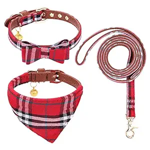 chede Bow Tie Dog Collar and Leash Set Classic Plaid Adjustable Dogs Bandana and Collars with Bell for Puppy Cats 3 PCS (S, Red)