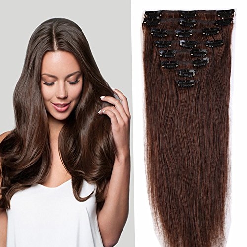 S-noilite 16" 18" 20" 22" 8PCS Silky Clip In Human Hair Extensions 100% Remy Real Human Hair Straight Various Colors for Women Beauty (18inches 70g, 04# Medium Brown)