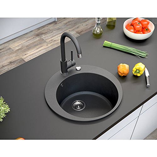 Spüle Granitspüle Küchenspüle Einbauspüle Auflage rund Ø 505 mm Spülbecken + Drehexcenter + Siphon (Schwarz (601)) - 5