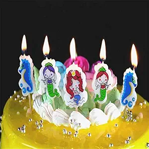 partytoko 5pcs cute mermaid sea horse owl fish butterfly rabbits art smokeless candle for boy girl birthday party supplies cake topper- Multi color