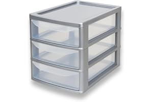 Khanary Plastic Storage Drawer A4 Medium Storage Box Multipurpose Office Desktop Tabletop Counter School Bedroom Garage Kids Room Clear Black & Silver (Silver Clear, A4 3 Tier Small Silver Clear)