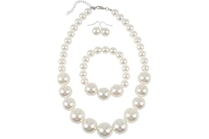 Daimay Große Perlen Schmuck Set Nachgemachte Perlenkette Kirsch Armband Ohrstecker Damen Halskette Runde Zuchtkette Statement Perlenarmband Perlen Ohrringen für Hochzeit Events Party - Weiß