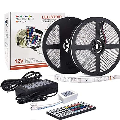 AUELEK 2x5M Ruban de LED Etanche 5050 RGB Multicolore AUELEK Tube Lumineux Exterieur 300 LED Autocollant Decoupable avec Télécommande à Infrarouge 44 Touches Récepteur/Alimentation 12V 5A