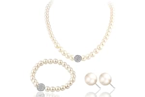 MATTE MAISA Faux Pearls Jewelry Set 1920s Pearls Necklace and Earring Set Bracelet Necklace Stud Earrings 1920s Accessories Wedding Birthday Gift Jewellery Sets for Women