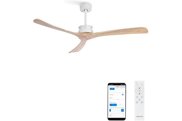 CREATE / WINDLARGE/Ventilateur de plafond avec télécommande et Wifi, blanc pales bois naturel / 40W, silencieux, Ø152 cm, 6 vitesses, minuterie, 2 hauteurs, moteur DC, fonction été-hiver