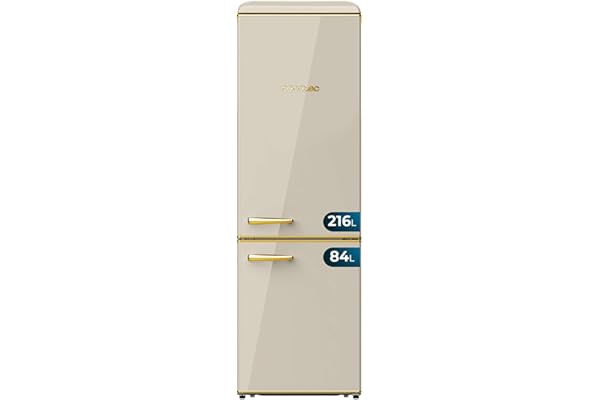 Cecotec Frigorífico Combi 2 Puertas Retro de 300 L Bolero CoolMarket Combi Origin 300 Beige E. Altura 191,5 cm y 60 de Ancho, Control de Temperatura, Tirador Cromado y Bandejas de cristal, Beige