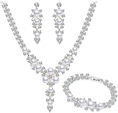 BiBeary Women Crystal Simulated Pearls Fashion Bridal Wedding Jewellery Set Necklace Earrings Bracelet Silver-Tone