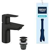 GROHE Start Edge QuickFix &ndash; Plain Body Basin Tap with Push-Open Drain, Size S, Ceramic Cartridge 28 mm, Low Flow for Extra Sa
