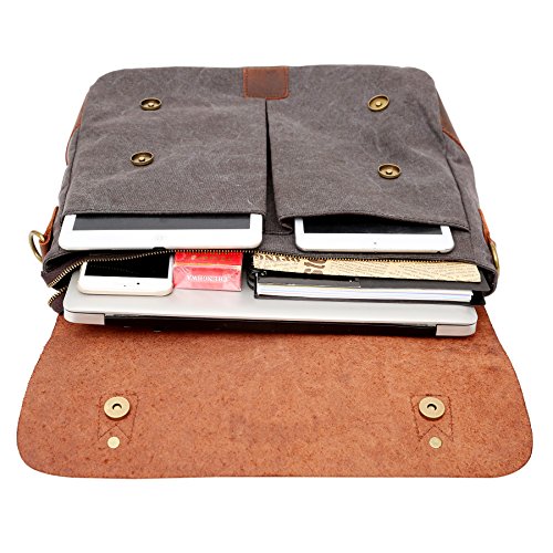 bupell Umhängetasche für Laptop und Akten aus echtem Büffel-Leder und Canvas – Für Notebooks bis 14″ – Unisex Vintage Messenger Bag, Aktentasche, Schultertasche, Notebooktasche – - 5