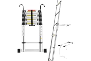 STANEW Échelle Télescopique 5M avec Stabilisateur d'échelle, Marchepieds Escamotables en Aluminium avec Barre Stabilisatrice et Crochets Amovibles, Escabeau Telescopique Pliable, Facile à Utiliser