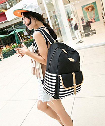 Minetom Femmes Filles Mode Sac À Dos En Toile Casual Daypacks Pour Loisirs Voyage Avec Rayures Modèle Noir